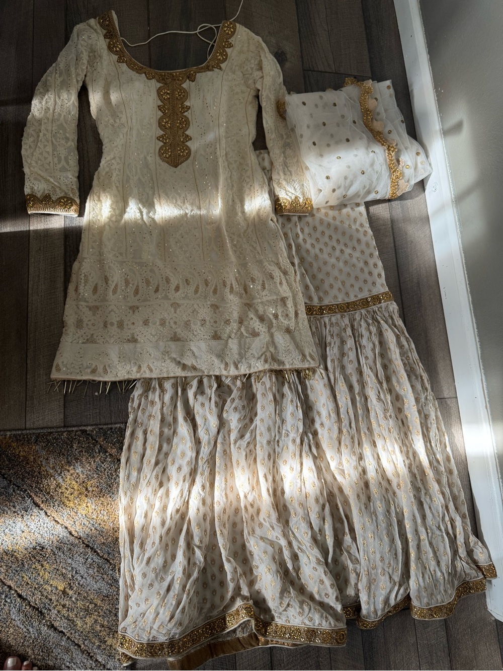 Elegant Ivory & Gold Embroidered Women’s gharara Set